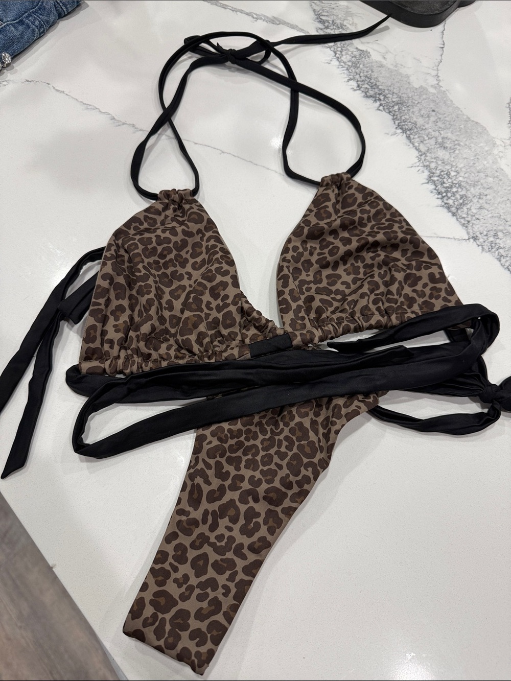 Yitty Fabletics Leopard Triangle Scrunch Triangle Bikini Top & Thong Bottoms